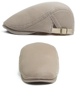 Detail of breathable beige mesh ivy cap with adjustable metal buckle for summer sun protection