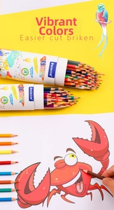 Detailed view of erasable colored pencils sketching a cartoon crab on white paper