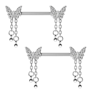 Elegant butterfly nipple ring with pink heart pendant and dangling chains in stainless steel