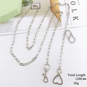 Close-up of a 120cm silver metal phone strap chain with a heart-shaped lobster clasp