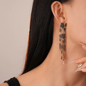 Close-up of leopard print tassel earrings with inlaid rhinestones on a female model