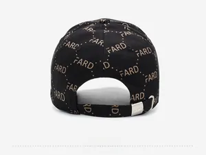 Detail of adjustable silver metal buckle and FARD letter print on black cotton baseball cap