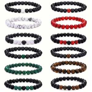 Natural Lava Stone Tiger Eye Beaded Bracelet Set Elastic String Cross Pendant Minimalist Jewelry Men Women Couples