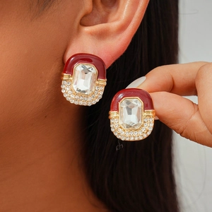 Vintage Enamel Geometric Stud Earrings Alloy Zircon Luxury Retro Accessory For Women With Silver Earring Post