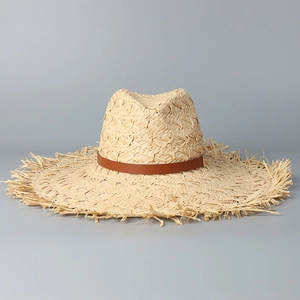 Wide Brim Raffia Straw Hat French Style Beach Vacation Sun Fedora With Frayed Edges Leather Belt Gold Buckle Women