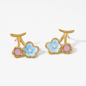 Charming gold cherry-shaped floral stud earrings with blue and pink petals and pearls