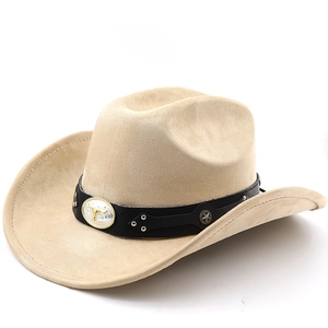 Detail of beige suede cowboy hat featuring leather band with bull head buckle and studs