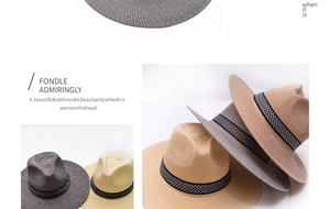 Detail of woven straw fedora hats in grey and beige with geometric band patterns