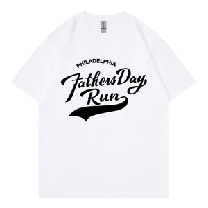 White crew neck cotton T-shirt featuring black Philadelphia Father's Day Run lettering