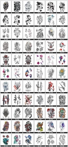 Detailed catalog showing 64 diverse styles of colorful waterproof tattoo stickers with codes