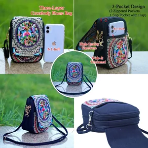 Ethnic embroidery small crossbody cell phone bag with 3-pocket zipper canvas design
