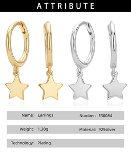 Detail view of star charm earrings in silver and gold finish with product specifications