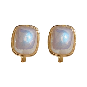 Square gold-rimmed earrings with iridescent blue-white faux pearl insets on white background