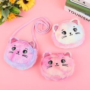 Cute plush cat crossbody bag for girls with rainbow gradient faux fur and cat face embroidery