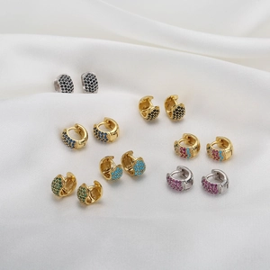 Mini Huggie Hoop Earrings Copper Micro Pave Cubic Zirconia Small Round Colorful Stone Fashion Minimalist For Women