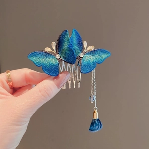 Elegant blue butterfly embroidery hair comb with gold tassels and metal teeth decoration