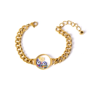Golden Cuban chain bracelet with a transparent round charm and colorful Evil Eye stones