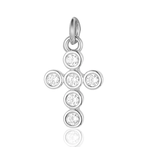 Detailed view of a silver cross pendant crafted with six sparkling round-cut cubic zirconia