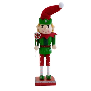 27cm wooden Christmas nutcracker soldier elf ornament with lollipop and velvet hat