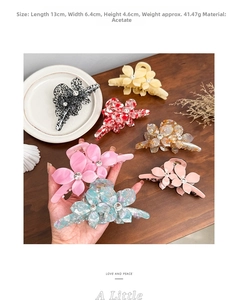 Detailed view of large acetate floral hair claw clips with dimensions and texture details
