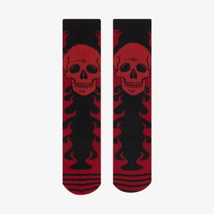 Gothic skull and fire flame pattern jacquard cotton crew socks in black and red style