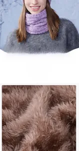 Detail of winter thermal neck warmer with purple knit exterior and warm fleece lining