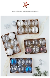 Detailed view of 6-pack Christmas ball sets with snowflake prints and glitter texture