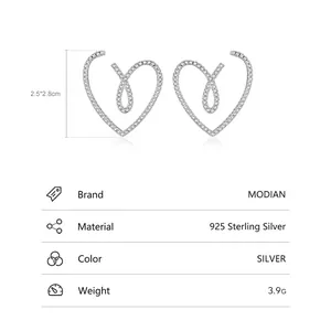 S925 sterling silver heart earrings with micro-set stones and intertwined line design