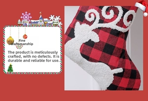 Detail of buffalo plaid Christmas stocking with white reindeer plush embroidery applique