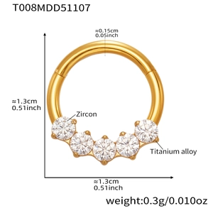 Macro detail of 18k gold plated titanium nose ring with zircon stones and size specs