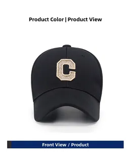 Front view of black baseball cap with gold 3D embroidered C letter in breathable fabric