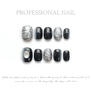 Handmade press-on nails with dark french style, silver 3D relief and crystal accents