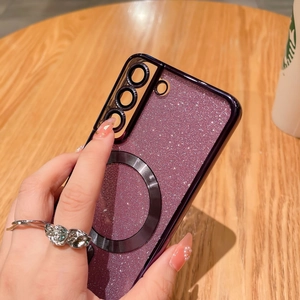 Detail view of purple glitter phone case with magnetic ring for Samsung S22