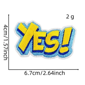 Detailed size chart of a yellow and blue embroidered YES! patch with measurements