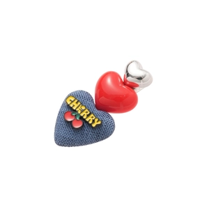 Three-layer heart hair clip with denim fabric, cherry embroidery and metallic finish