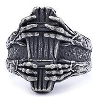 Vintage gothic skeleton hands coffin ring in distressed silver finish for men