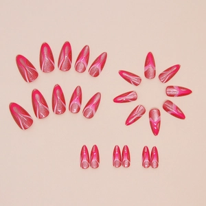 Fuchsia almond press-on nails with glitter flame patterns and 24-piece full set display