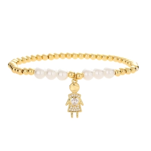 Gold beaded stretch bracelet featuring white pearls and a heart zircon girl pendant