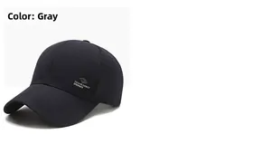 Detailed close-up of dark grey baseball cap showing textured fabric and metallic side logo