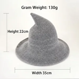Grey knitted witch hat with dimensions 22cm height, 35cm brim, and 130g weight