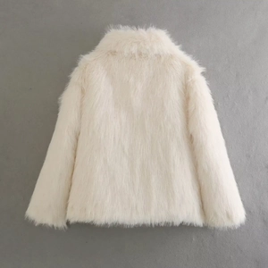 Detailed back view of a creamy faux fur coat featuring wide lapels and long sleeves