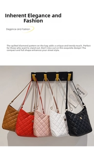 Close-up of quilted rhombus pattern with gold flower metal clasp on colorful handbags