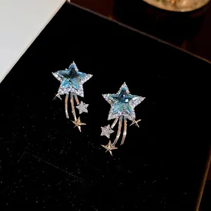 Star Meteor Dangle Earrings With Blue Zircon And Silver Earring Post Elegant Chic Fashion Jewelry For Women Silver Tone