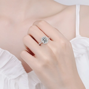 Elegant 925 sterling silver halo moissanite engagement ring with sparkling pavé band