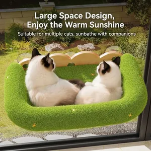 Cat Window Perch Solid Rubber Wood Hammock Strong Suction Cup Space Saving Plush Grass Bed Shelf For Indoor Cats