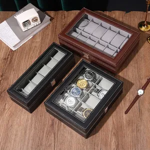 Faux leather watch organizer box with glass window and metal lock in black and brown