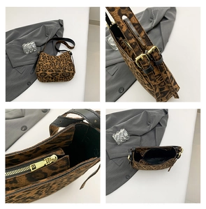 Detail shots of leopard print tote bag showing zipper, strap, and spacious interior view