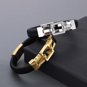 Men's braided leather bracelet with stainless steel ring clasp in gold and silver finish