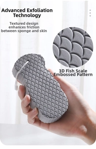 Detailed view of the grey 3D fish scale texture on the high-density exfoliating bath sponge