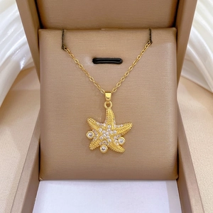 Starfish Pendant Necklace Stainless Steel Chain And Brass Cubic Zirconia Clavicle Jewelry Elegant Accessories For Women